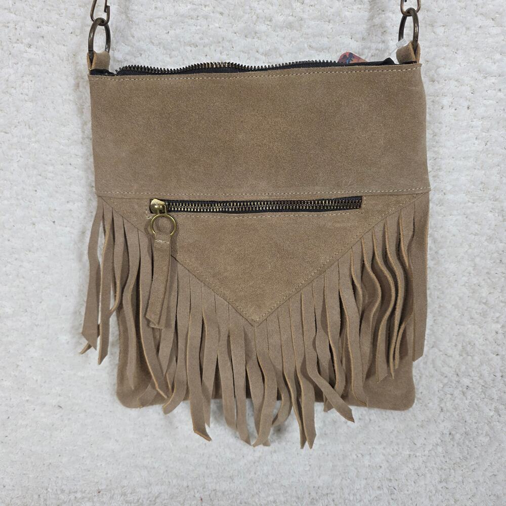 Taupe Boho Fringe Crossbody Bag Suede Leather Handcrafted in Mexico